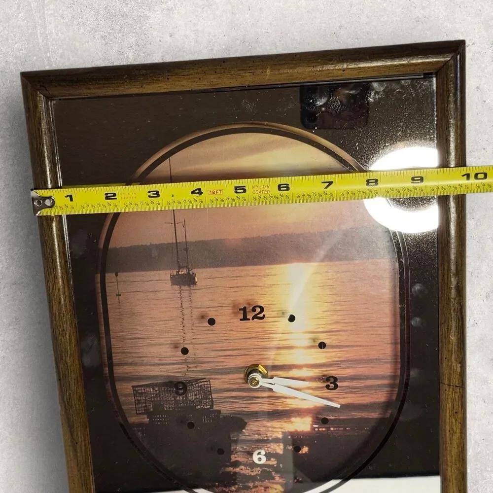 1970s Intercraft Shadowbox Wall Clock Fisherman Seascape Sunset MCM Works VNTG